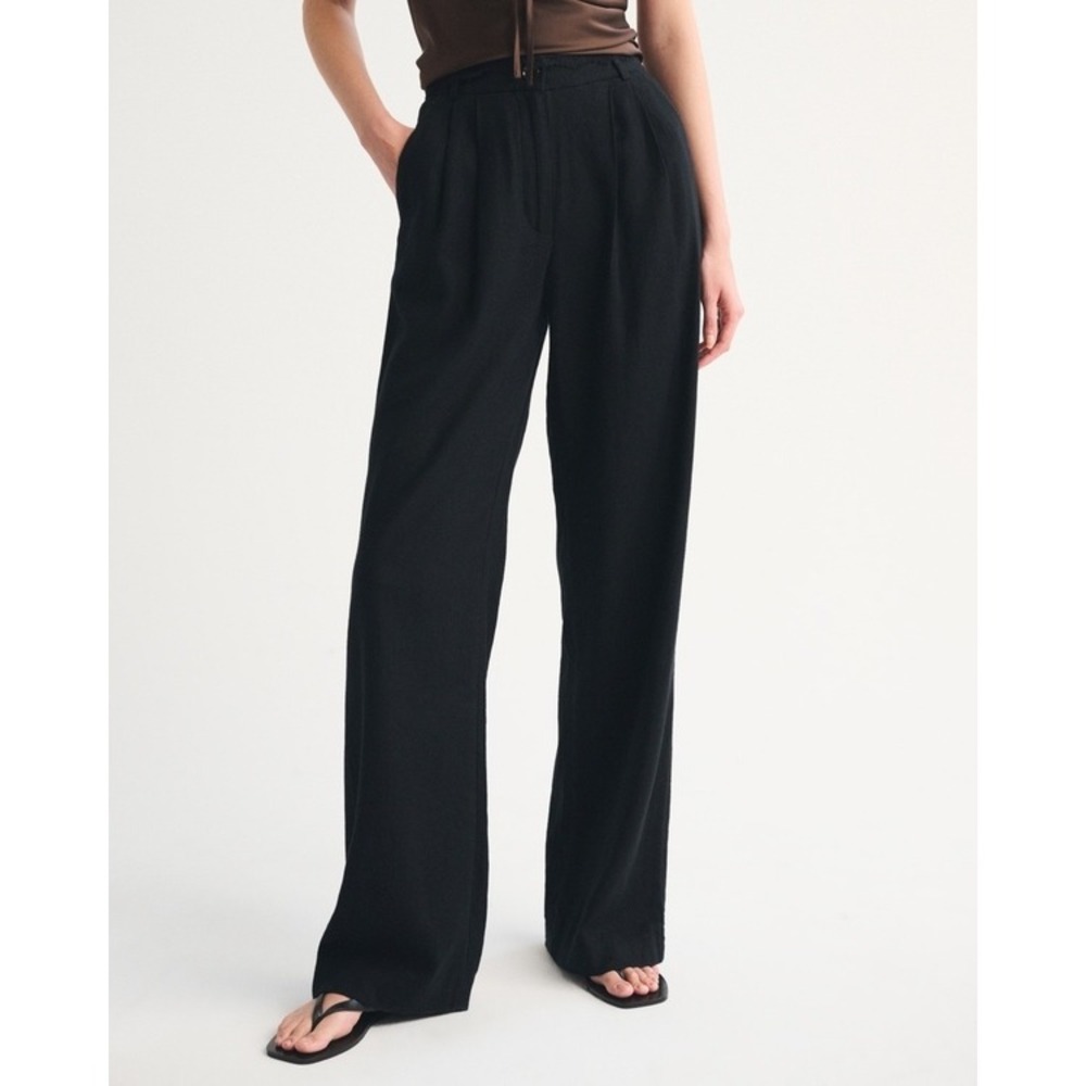 Abercrombie & Fitch Sloane Linen Blend Tailored Wide Leg Pants Black Small